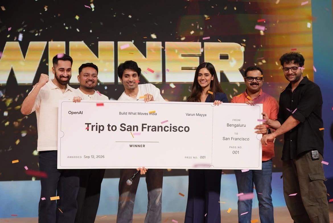 RaktKhoj team with Sanan Goyal holding the winner ticket at Build What Moves India, awarded 12 September 2026